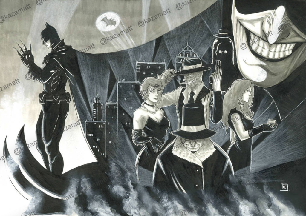 Illustration traditionnelle Batman Noir FCBD avec filigrane @kazamatt.