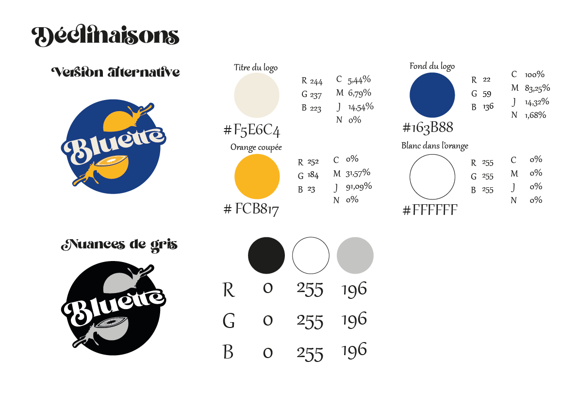 Déclinaisons du logo Bluette avec les détails des couleurs.