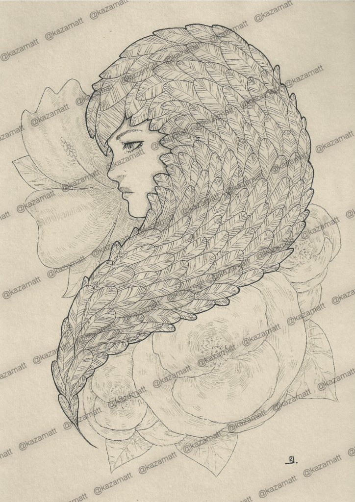 Illustration d'une femme avec des plumes et des fleurs, avec filigrane @kazamatt.