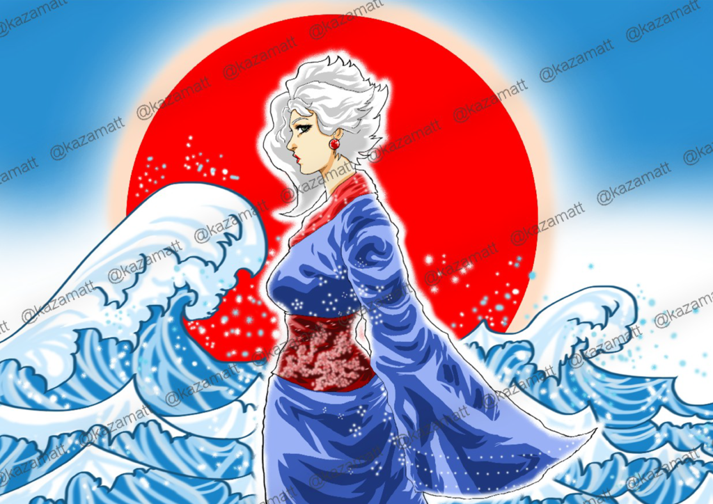Illustration d'une femme en kimono avec des vagues et un soleil rouge sur fond bleu, avec filigrane @kazamatt.