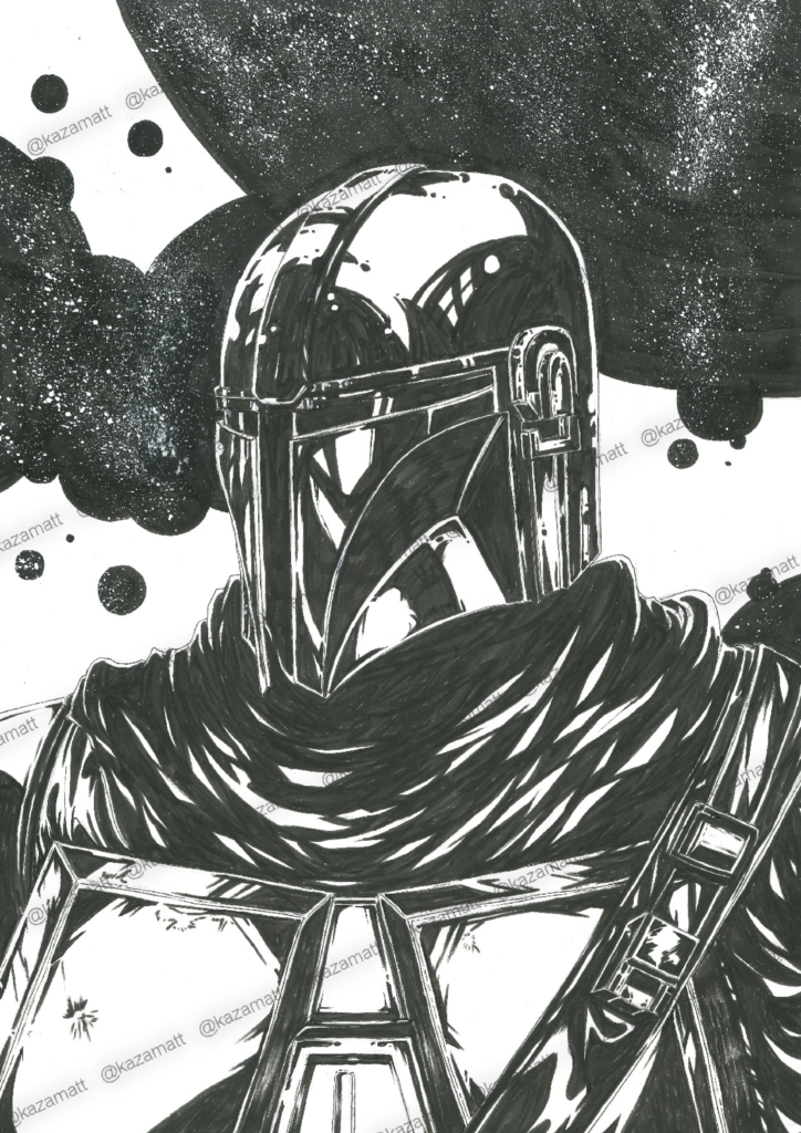 Illustration du personnage du Mandalorian, avec un filigrane @kazamatt.