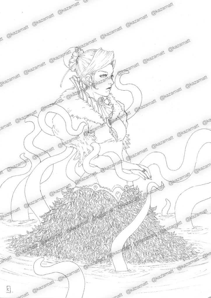 Illustration d'une femme en robe avec des plumes et des tentacules, avec filigrane @kazamatt