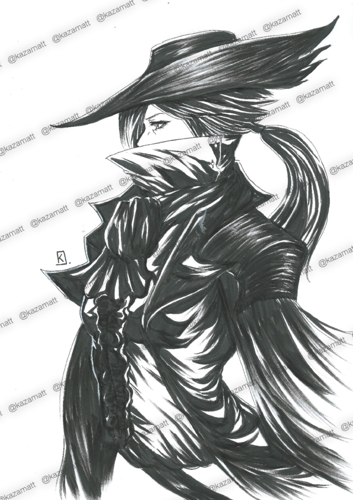 Illustration d'une femme avec un chapeau et une cape, avec filigrane @kazamatt