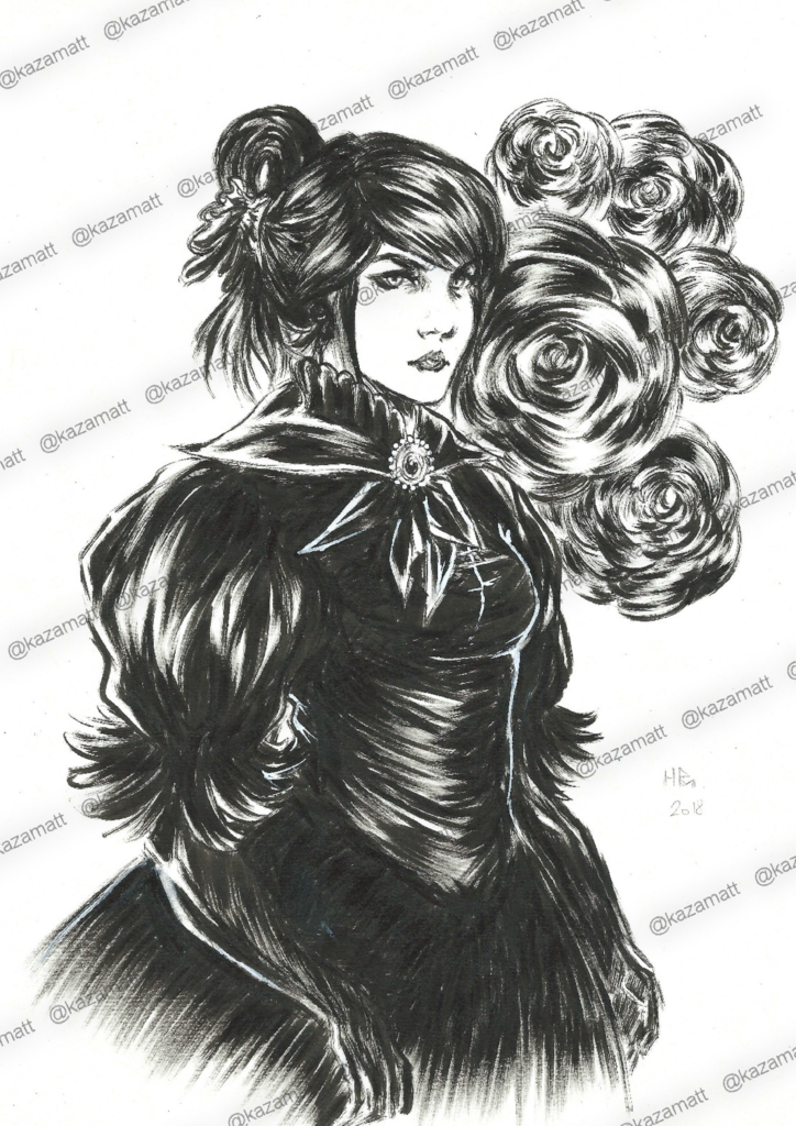 Illustration d'une femme en robe noir et des fleurs noire, avec filigrane @kazamatt