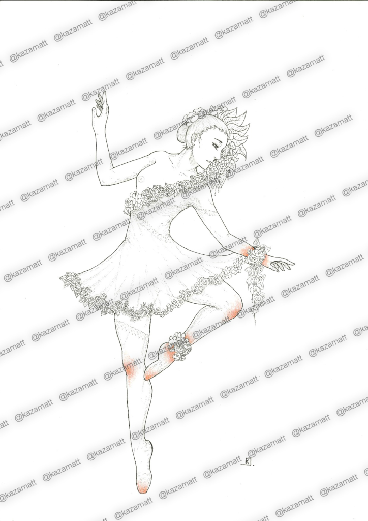 Dessin d'une fille, danseuse classique, avec filigrane @kazamatt.