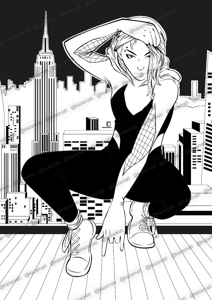 Illustration digitale de Spider-Gwen avec filigrane @kazamatt